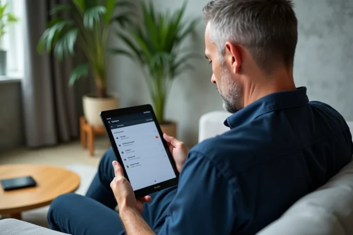 Homme configurant son identifiant Huawei ID sur une tablette dans un salon moderne