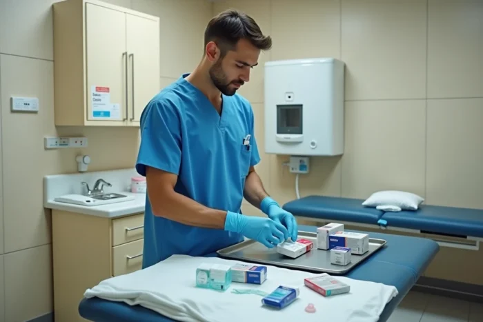 Infirmier préparant du matériel médical dans une salle d'examen clinique, représentant l'organisation quotidienne des professionnels de santé