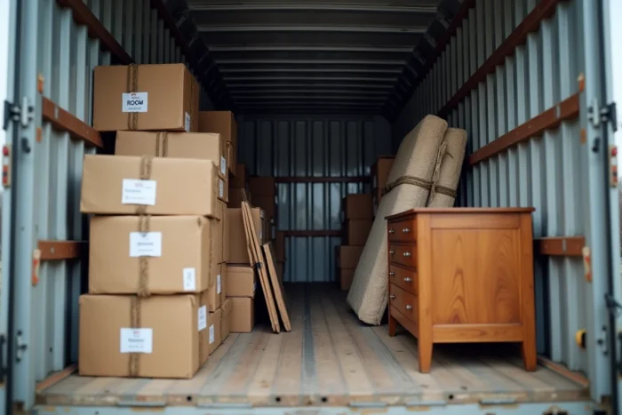 Intérieur d'un camion 15m3 entièrement chargé avec des cartons, meubles démontés et tapis roulés organisés et attachés pour un déménagement
