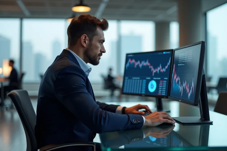 Homme professionnel analysant un portefeuille d'investissement blockchain sur des écrans dans un bureau moderne