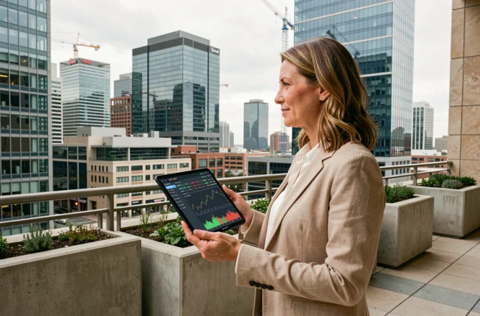 Femme investissant dans des foncières cotées sur une terrasse avec vue panoramique sur un quartier d'affaires urbain