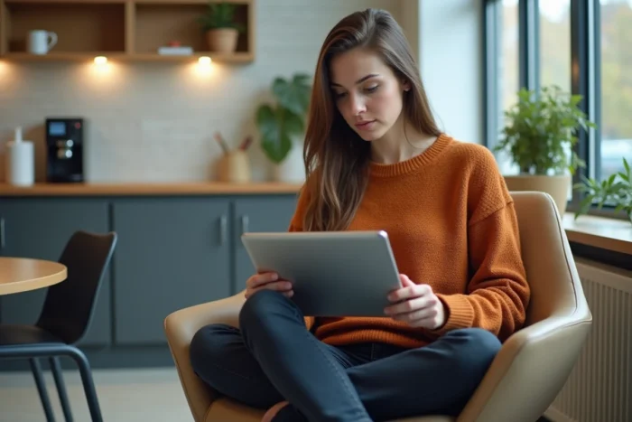 Jeune enseignante consultant le webmail académique Dijon sur une tablette dans une salle de pause scolaire