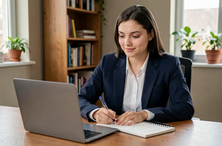 Jeune femme en blazer marine cherchant une alternance sur un site d'emploi depuis son bureau à domicile