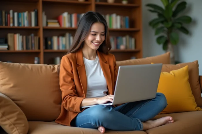 Jeune femme consultant le sitemap d'un site web sur son ordinateur portable dans un salon cosy