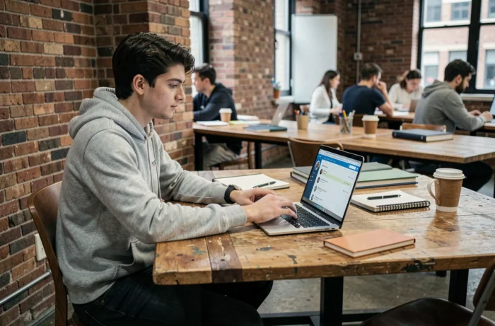 Jeune homme consultant un site d'alternance sur son ordinateur dans un espace de coworking moderne