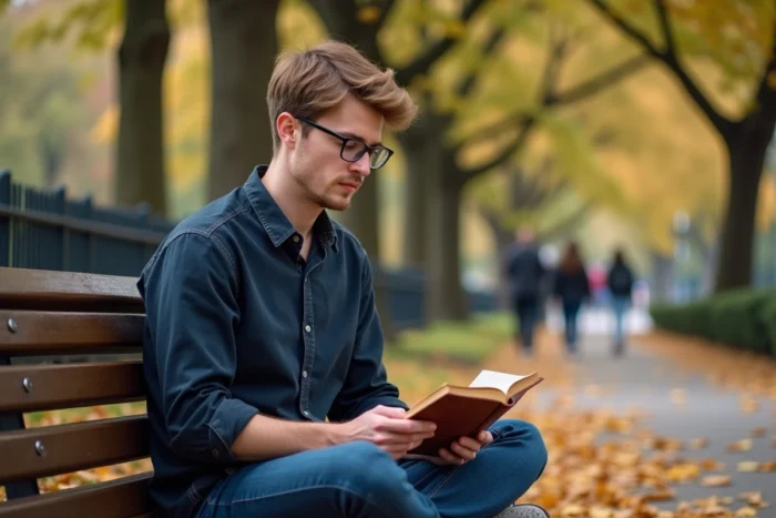 Jeune homme hypersensible lisant un livre dans un parc en automne, expression de concentration intense, symbole du trait distinctif du haut potentiel émotionnel