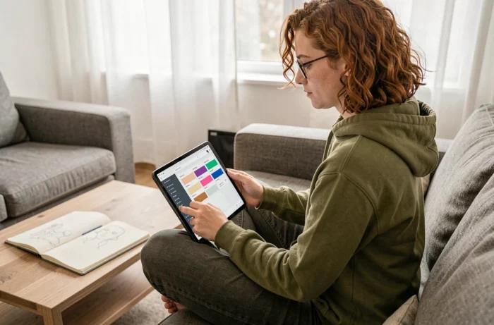 Jeune personne configurant un site web professionnel sur une tablette sans compétences techniques depuis son salon