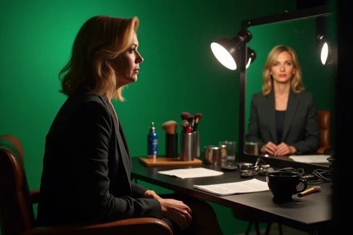 Femme journaliste seule dans une loge de plateau télévision, regard introspectif, illustrant la pression et le jugement sur l'apparence des femmes dans les médias