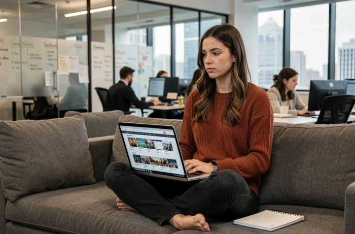 Jeune journaliste explorant des rubriques d'actualités en ligne dans une salle de rédaction moderne