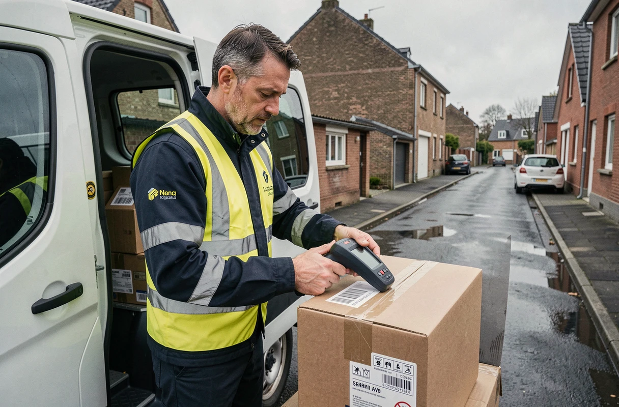 Livreur scannant un colis devant son camion de livraison dans une rue résidentielle près de Harnes dans le Pas-de-Calais