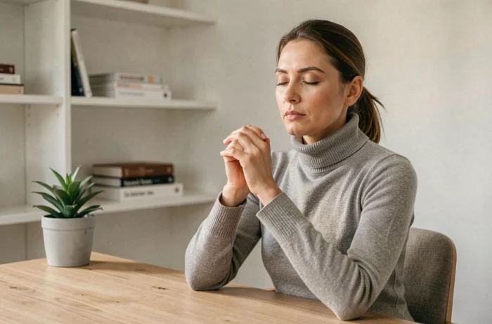 Femme pratiquant la concentration mentale dans un bureau minimaliste, illustrant le management mental et les techniques de gestion cognitive