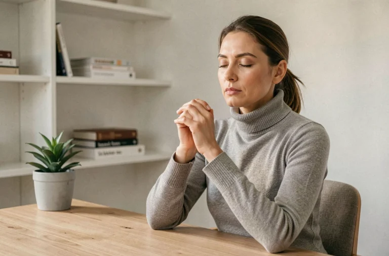 Femme pratiquant la concentration mentale dans un bureau minimaliste, illustrant le management mental et les techniques de gestion cognitive