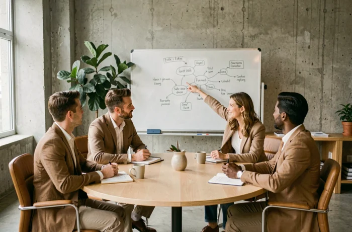 Groupe de professionnels en session de travail collaboratif autour d'une carte mentale, illustrant les expertises en management mental et gestion d'équipe