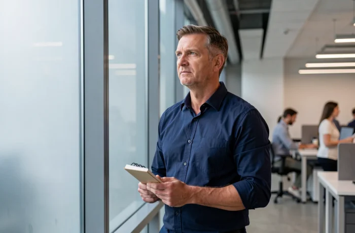 Manager masculin réfléchissant dans un bureau moderne, représentant les méthodes de management mental et de gestion du stress professionnel