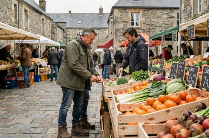 Couple explorant un marché local breton avec des produits régionaux frais dans un village en pierre