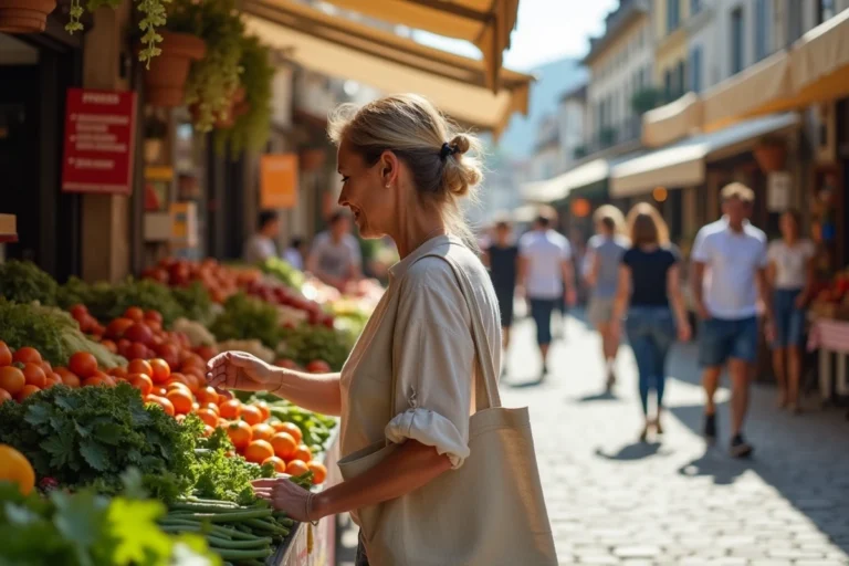 Marché de plein air animé dans une ville de province française avec une femme faisant ses courses parmi les étals de fruits et légumes colorés