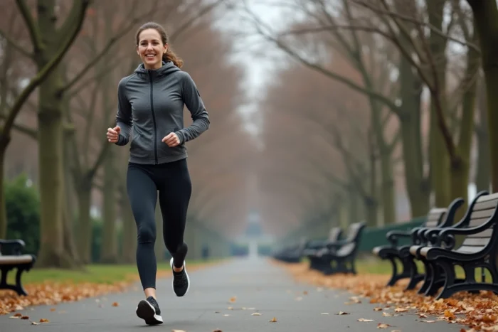 Femme marchant d'un pas rapide sur un chemin de parc urbain en automne, illustrant la marche rapide quotidienne de trente minutes
