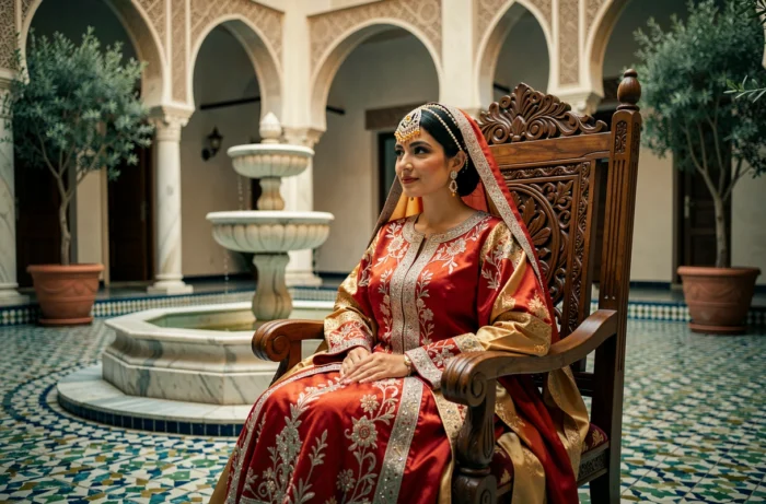 Mariée en kaftan marocain rouge et or assise sur un trône en cèdre dans un riad orné de mosaïques zellige