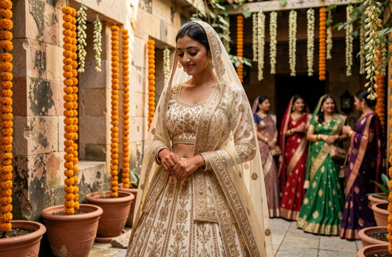 Mariée en lehenga indien brodé d'or dans une cour ornée de guirlandes de soucis lors d'un mariage traditionnel indien