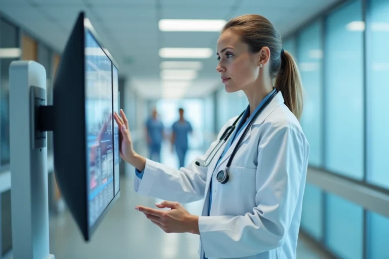 Médecin femme consultant un écran médical numérique dans un hôpital moderne, illustrant les solutions technologiques pour professionnels de santé