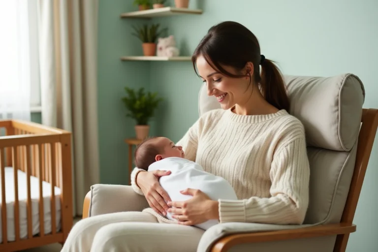 Jeune mère tenant tendrement son nouveau-né dans les bras dans une chambre de bébé apaisante aux tons pastels
