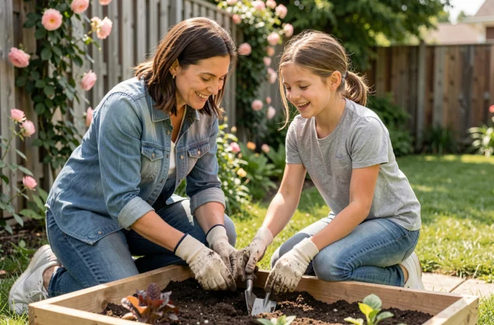 Mère et fille faisant du jardinage ensemble dans un jardin verdoyant, partageant un moment complice et naturel