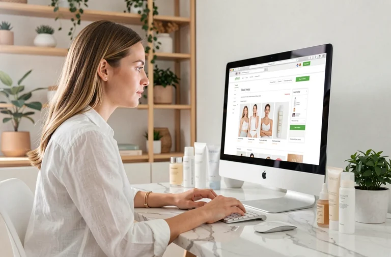 Femme consultant un site beauté bien structuré sur un ordinateur dans un bureau minimaliste scandinave