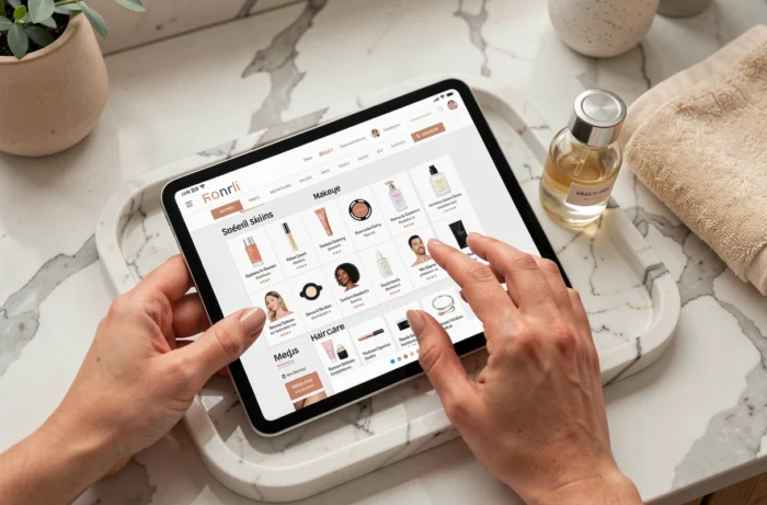 Mains féminines naviguant sur un site beauté structuré via une tablette posée sur un plateau en marbre