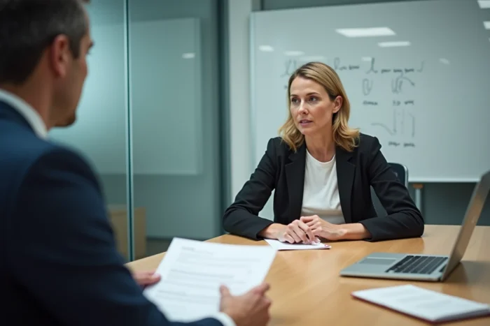 Femme négociant ses conditions de travail avec un responsable dans une salle de réunion moderne, dans le cadre de la QVCT