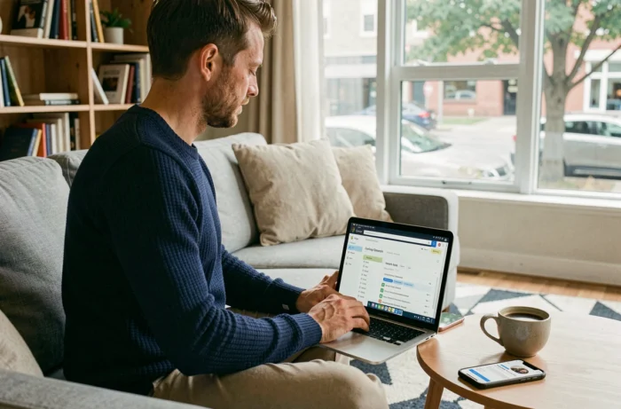 Homme travaillant sur l'optimisation SEO de son site web depuis son domicile avec un outil d'analyse en ligne