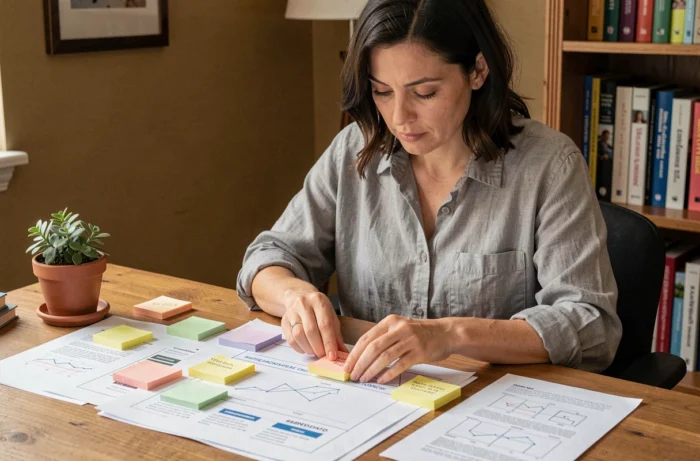 Maman blogueuse organisant la structure de son blog parental avec des wireframes et des notes sur un bureau en bois