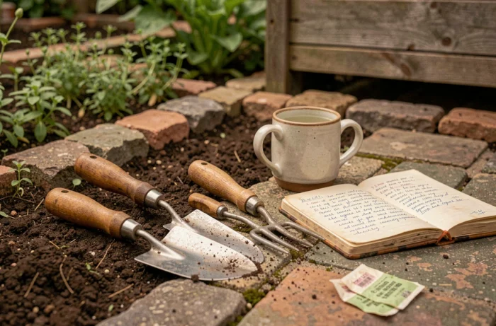 Outils de jardinage, sachets de graines et carnet de notes posés sur le rebord d'un potager fraîchement travaillé