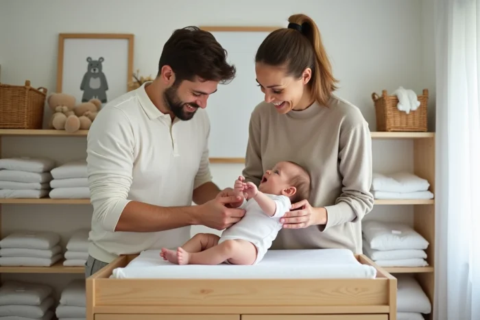 Jeune couple de parents habillant leur nourrisson sur une table à langer en bois dans une chambre bébé bien organisée