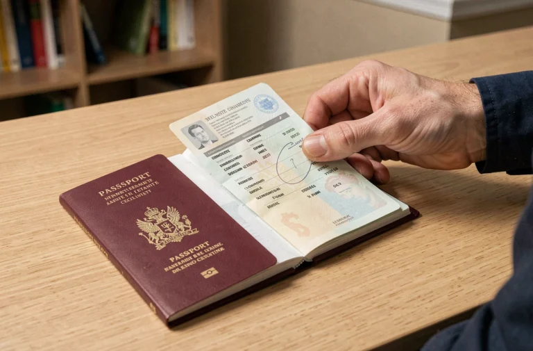 Passeport français ouvert sur un bureau en bois, main masculine tenant le document, illustration de la légalité de modification d'un passeport