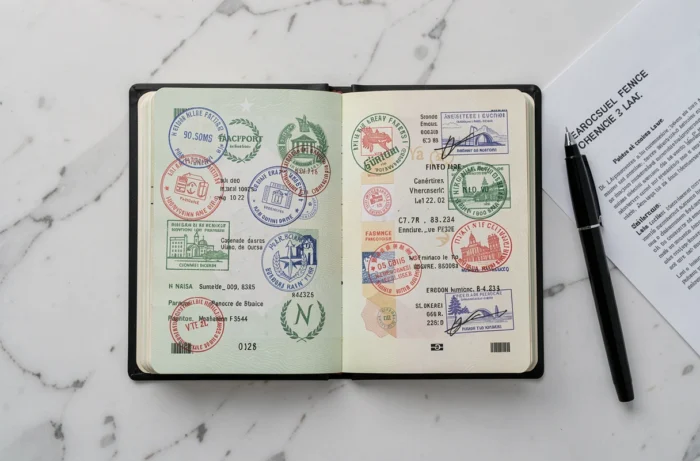 Gros plan d'un passeport français ouvert avec pages de visas et document juridique, illustration des règles légales concernant les pages du passeport