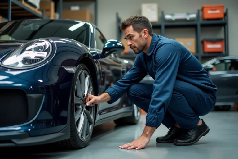 Passionné d'automobile inspectant la roue d'une voiture de sport dans un garage privé bien équipé