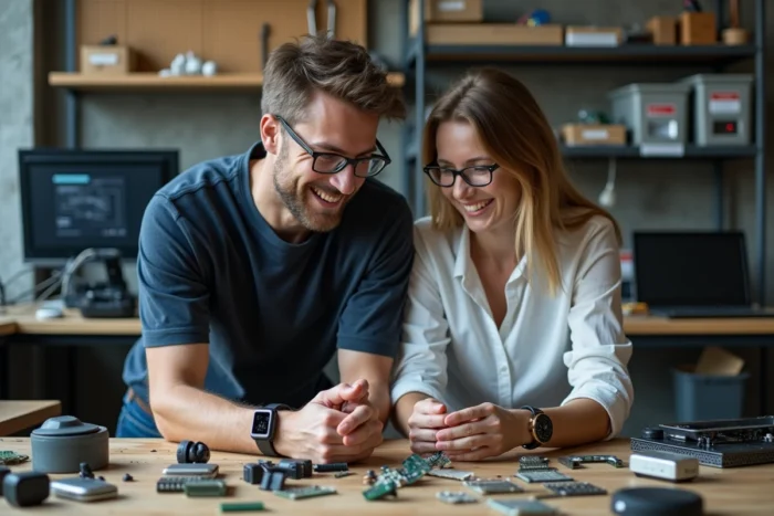 Deux passionnés de technologie explorant des gadgets high-tech et composants électroniques dans un espace maker