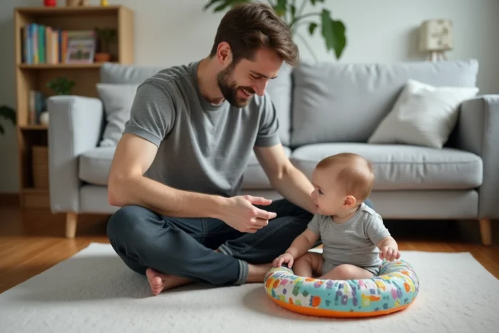 Père jouant avec son bébé de six mois sur un tapis d'éveil coloré dans un salon familial moderne