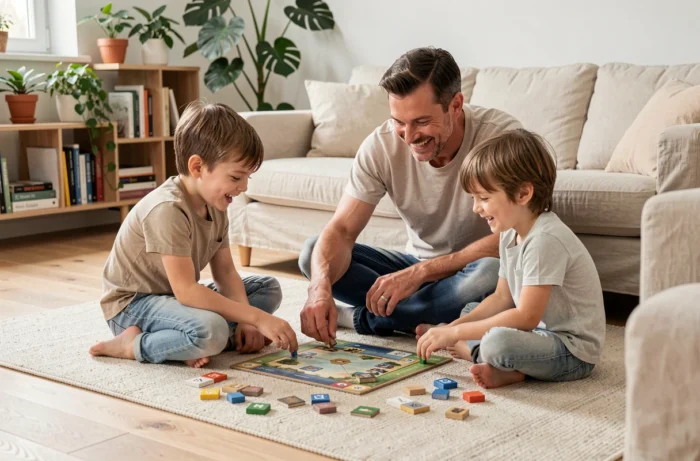 Père et enfants jouant à un jeu de société sur le sol du salon dans un intérieur scandinave moderne