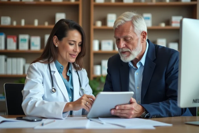Pharmacienne et médecin généraliste en consultation collaborative autour de documents médicaux, symbolisant le travail en équipe des professionnels de santé