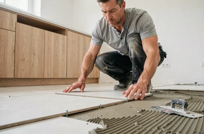 Homme posant des carreaux en grès cérame dans une cuisine moderne en cours de rénovation avec du mortier colle et des croisillons