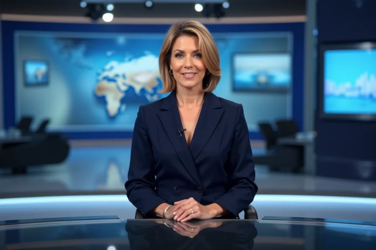 Présentatrice de télévision professionnelle derrière un bureau de plateau, en tailleur navy, illustrant le sexisme ordinaire dans les médias audiovisuels