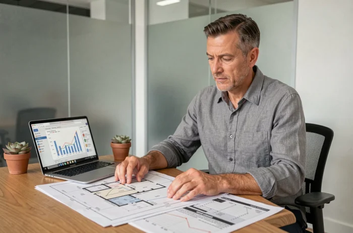 Professionnel de l'immobilier analysant des plans et rapports de marché dans un bureau moderne