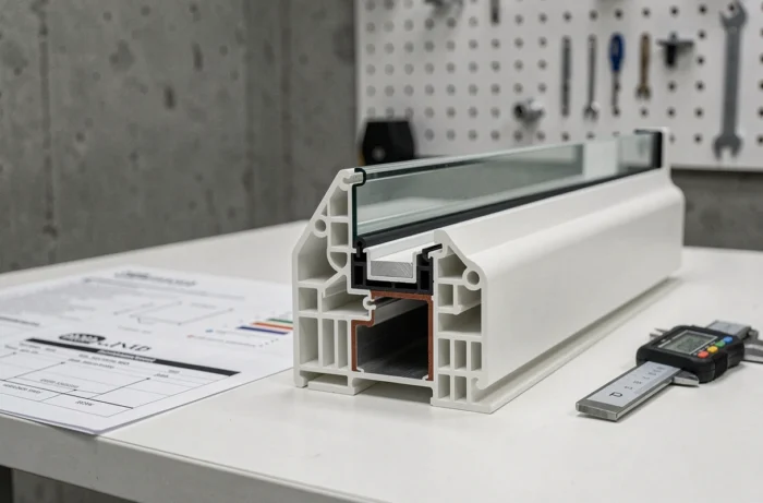 Coupe transversale d'un profilé de fenêtre coulissante PVC multichambre avec joints et renforts aluminium, illustrant les nouvelles normes techniques 2026