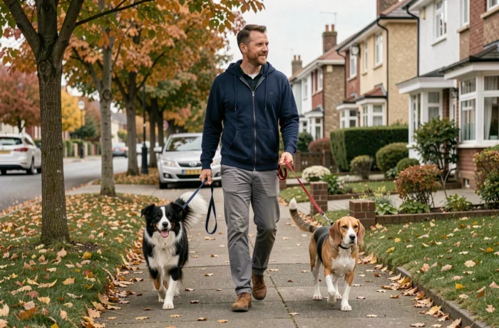 Pet-sitter homme promenant deux chiens en laisse dans une rue résidentielle en automne