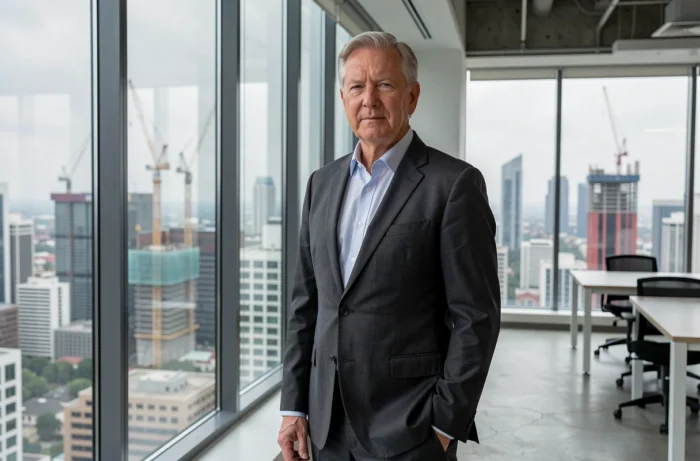 Promoteur immobilier senior en bureau panoramique avec vue sur chantiers et skyline urbain