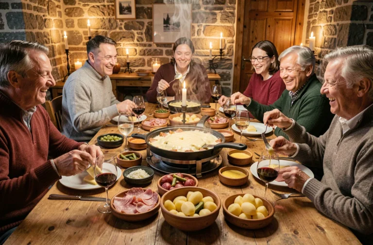 Repas de raclette convivial autour d'une table en bois avec famille et amis en hiver