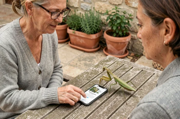 Femme âgée identifiant une mante religieuse sur une terrasse en pierre avec une application de reconnaissance d'insectes sur smartphone