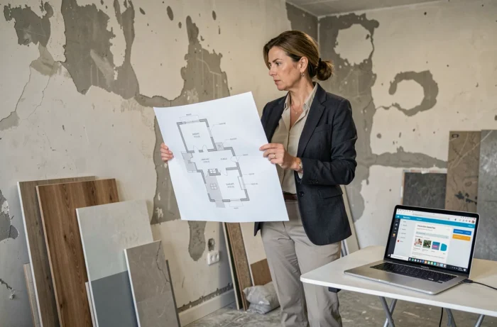 Femme professionnelle en reconversion consultant des plans d'architecture intérieure dans un appartement en rénovation