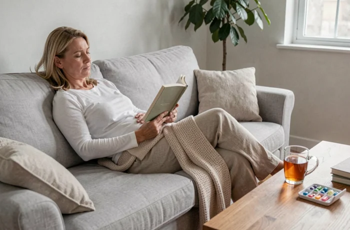 Femme en récupération post-opératoire se reposant sur un canapé à la maison avec une couverture et un livre après une ablation de trompe